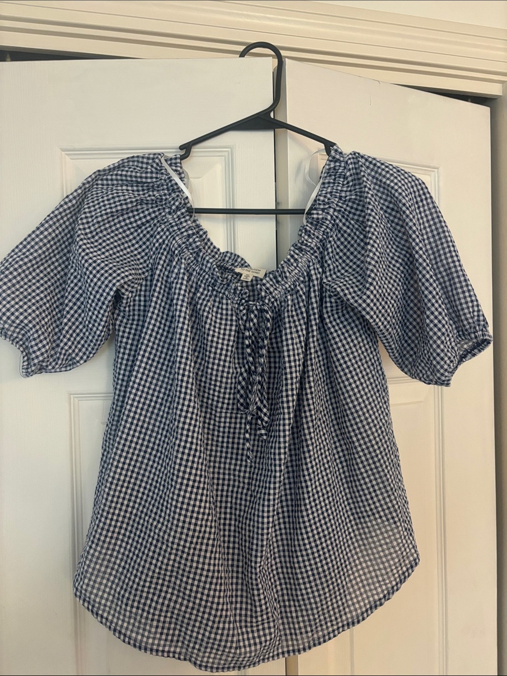 Caution To The Wind Navy & White Gingham Peasant Top